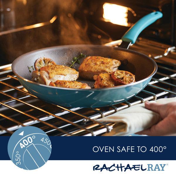 Chicken cooking in a Cook + Create Nonstick Frying Pan inside an oven, safe up to 400 degrees.