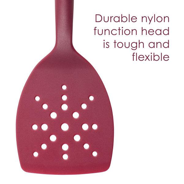 The 3-Piece Lazy Spoon and Turner Set includes a red nylon spatula with perforations, ideal for nonstick pots and pans. This versatile and durable set is a must-have addition to your collection of nylon cooking utensils.