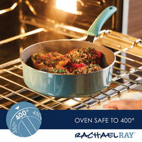 Stuffed peppers rest in a 3-Quart Cook + Create Nonstick Sauté Pan with Lid inside an oven set to 400 degrees, where the nonstick surface guarantees easy cleanup.