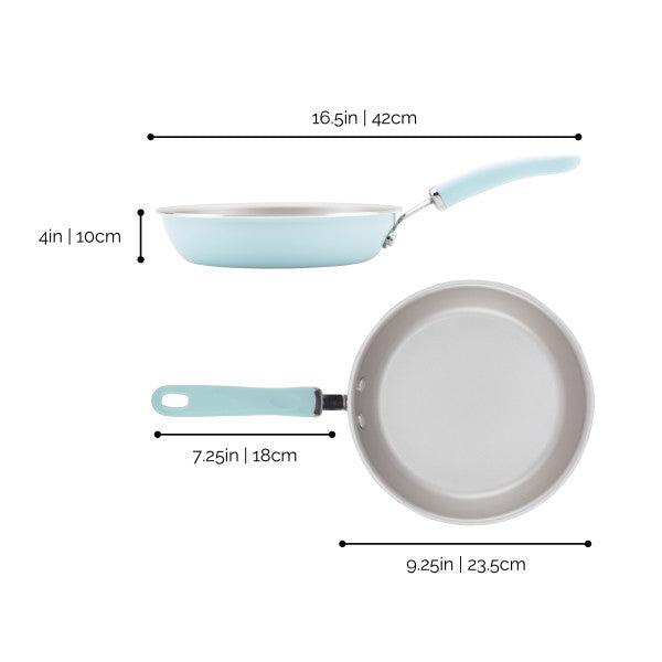 Two views of Nonstick Induction Deep Frying Pans with labeled measurements.