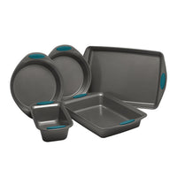 The 5-Piece Nonstick Bakeware Set, featuring five gray pans with teal handles and made from heavy gauge steel for enhanced durability, is showcased against a white background. This bakeware set is designed to be oven safe up to 500°F, offering both reliability and convenience for any baking task.