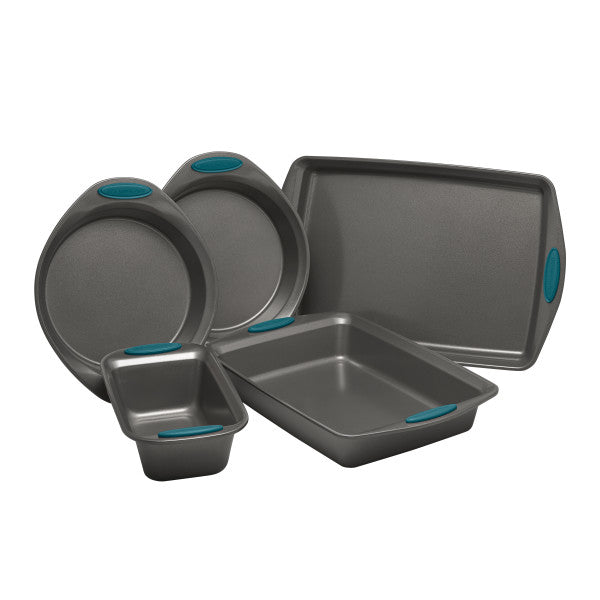 The 5-Piece Nonstick Bakeware Set, featuring five gray pans with teal handles and made from heavy gauge steel for enhanced durability, is showcased against a white background. This bakeware set is designed to be oven safe up to 500°F, offering both reliability and convenience for any baking task.