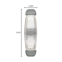 Stainless Steel Multi-Grater with exact measurements of 12.5 inches by 3.25 inches, equipped with ergonomic silicone handles for comfortable use, ideal for grating or adding citrus zest to your dishes.