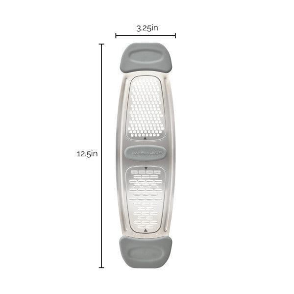 Stainless Steel Multi-Grater with exact measurements of 12.5 inches by 3.25 inches, equipped with ergonomic silicone handles for comfortable use, ideal for grating or adding citrus zest to your dishes.