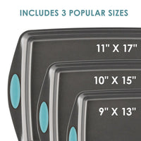 The 3-Piece Nonstick Sheet Pan Set consists of three durable steel baking sheets that are oven-safe and come in sizes of 11x17, 10x15, and 9x13 inches, designed for long-lasting use.