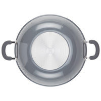 Top view of 14.25-inch nonstick induction wok with two black handles.
