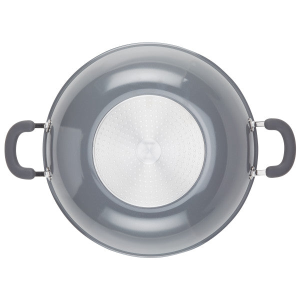 Top view of a large gray pot with loop handles on both sides.