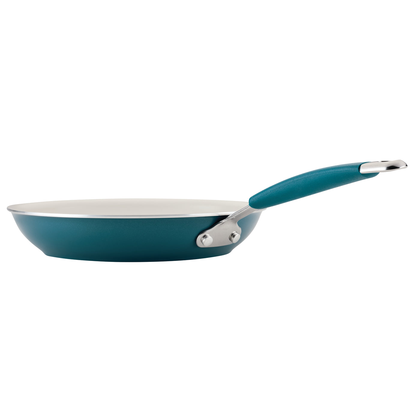 A teal pan from the 10-Piece Ceramic Nonstick Cookware Set, side view.