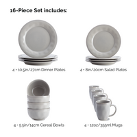 16-piece dinnerware set with plates, bowls, and mugs, all in light gray.