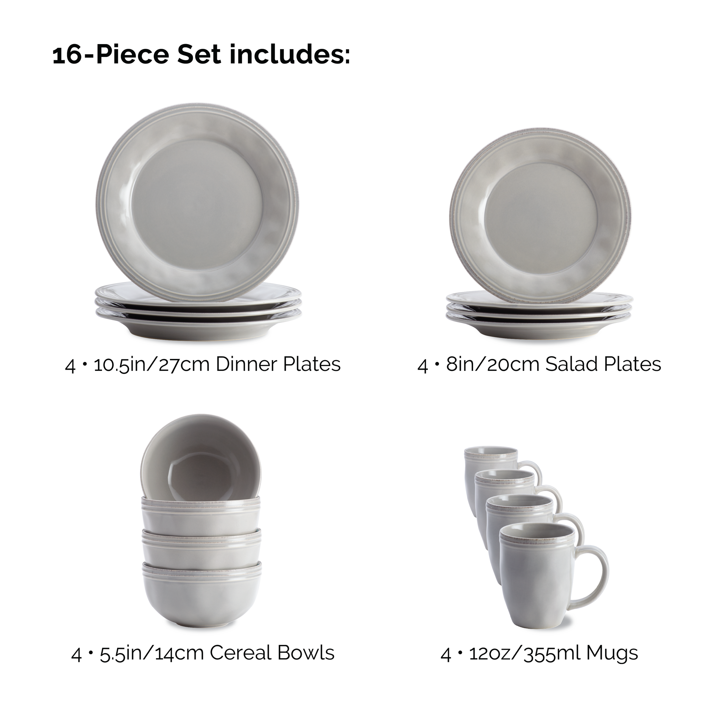16-piece dinnerware set with plates, bowls, and mugs, all in light gray.