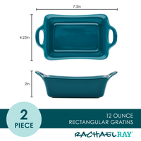 Teal rectangular gratin dishes with handles, labeled dimensions shown.