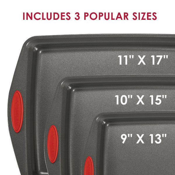 The 3-Piece Nonstick Sheet Pan Set includes three durable steel baking sheets that are safe for oven use and come in sizes 9"x13", 10"x15", and 11"x17".