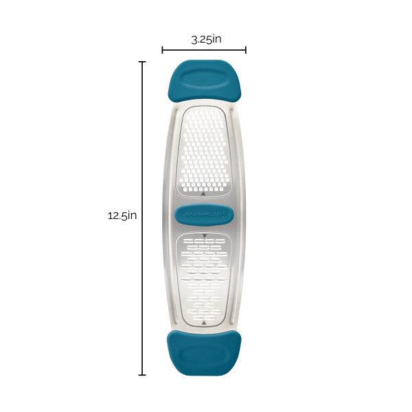 Stainless Steel Multi-Grater with teal silicone handles, ideal for zesting citrus. Dimensions: 12.5 inches by 3.25 inches.