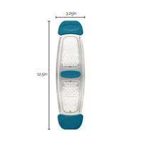Stainless Steel Multi-Grater with teal silicone handles, ideal for zesting citrus. Dimensions: 12.5 inches by 3.25 inches.