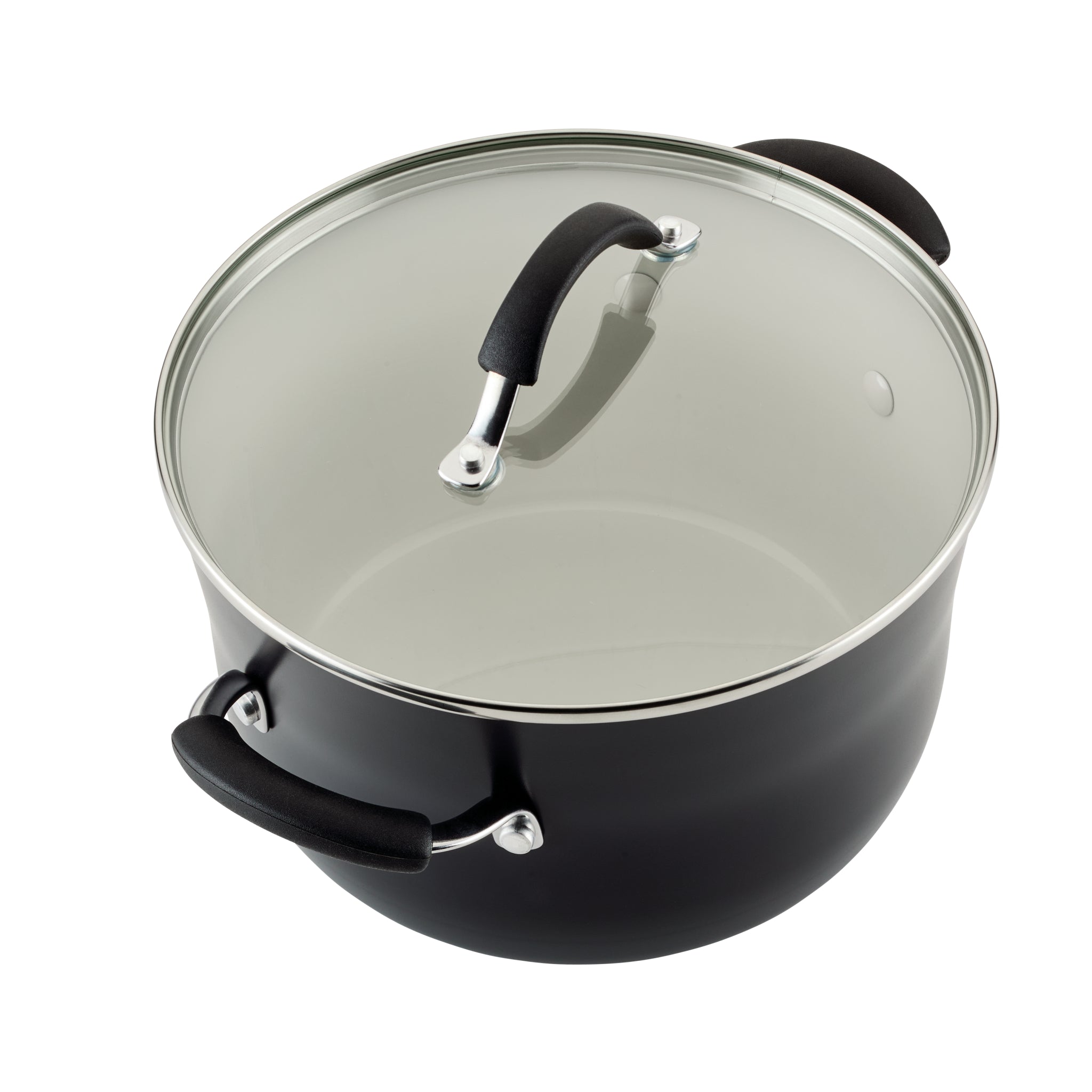 Top view of 10-Piece Ceramic Nonstick Cookware Set with glass lid, black handles.