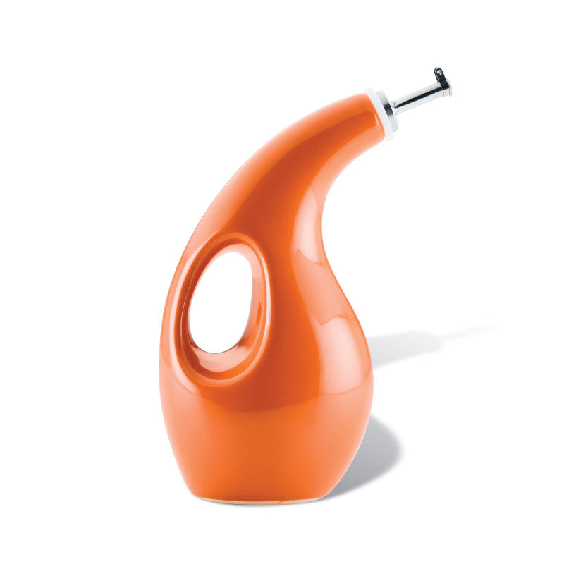 24-Ounce EVOO Bottle in orange ceramic with handle and stainless steel spout.