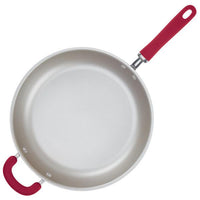 Nonstick Induction Deep Frying Pan with red handles, top view on white.