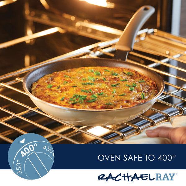 A frittata cooking in a pan inside an oven with the text "oven safe to 400°," demonstrating the scratch resistance of Cook + Create Nonstick Cookware Sets.