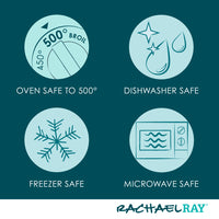 Icons indicating that the 3-Piece Ceramic Casserole Set is safe for use in the oven, dishwasher, freezer, and microwave.