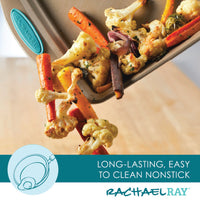 The 5-Piece Nonstick Bakeware Set by Rachael Ray, crafted from heavy gauge steel, ensures roasted vegetables slide out effortlessly due to its superior nonstick finish.