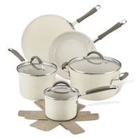 10-Piece Ceramic Nonstick Cookware Set with gray handles and felt protectors.