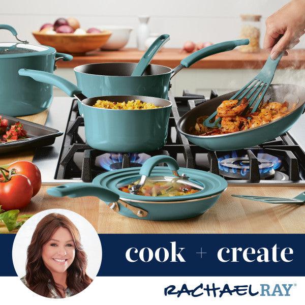 In the corner, someone smiles with delight at their Food Network Cook + Create Nonstick cookware set on the stove, where the 3-Quart Saucier Pan gleams among the essentials.