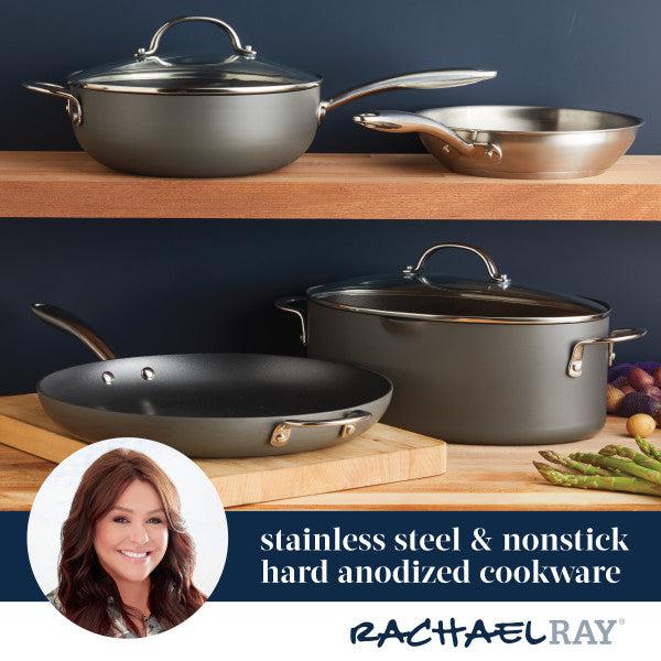An 8-quart professional nonstick oval hard anodized stockpot from Rachael Ray's collection gleams beautifully among the stainless steel and nonstick cookware set on wooden shelves.