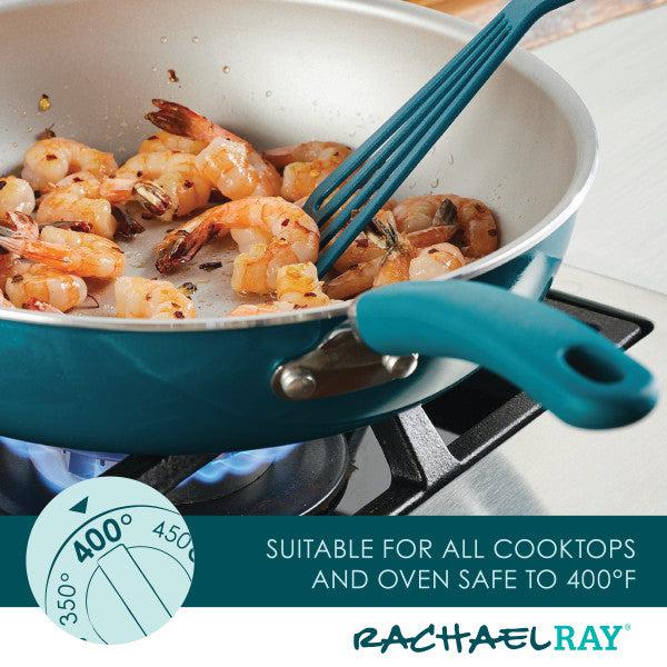 Shrimp cooking in a teal Nonstick Induction Deep Frying Pan on a gas stove.