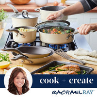 A collection of Cook + Create Nonstick Cookware Sets on a stove, featuring food, highlights the nonstick cookware and tempered glass lids.
