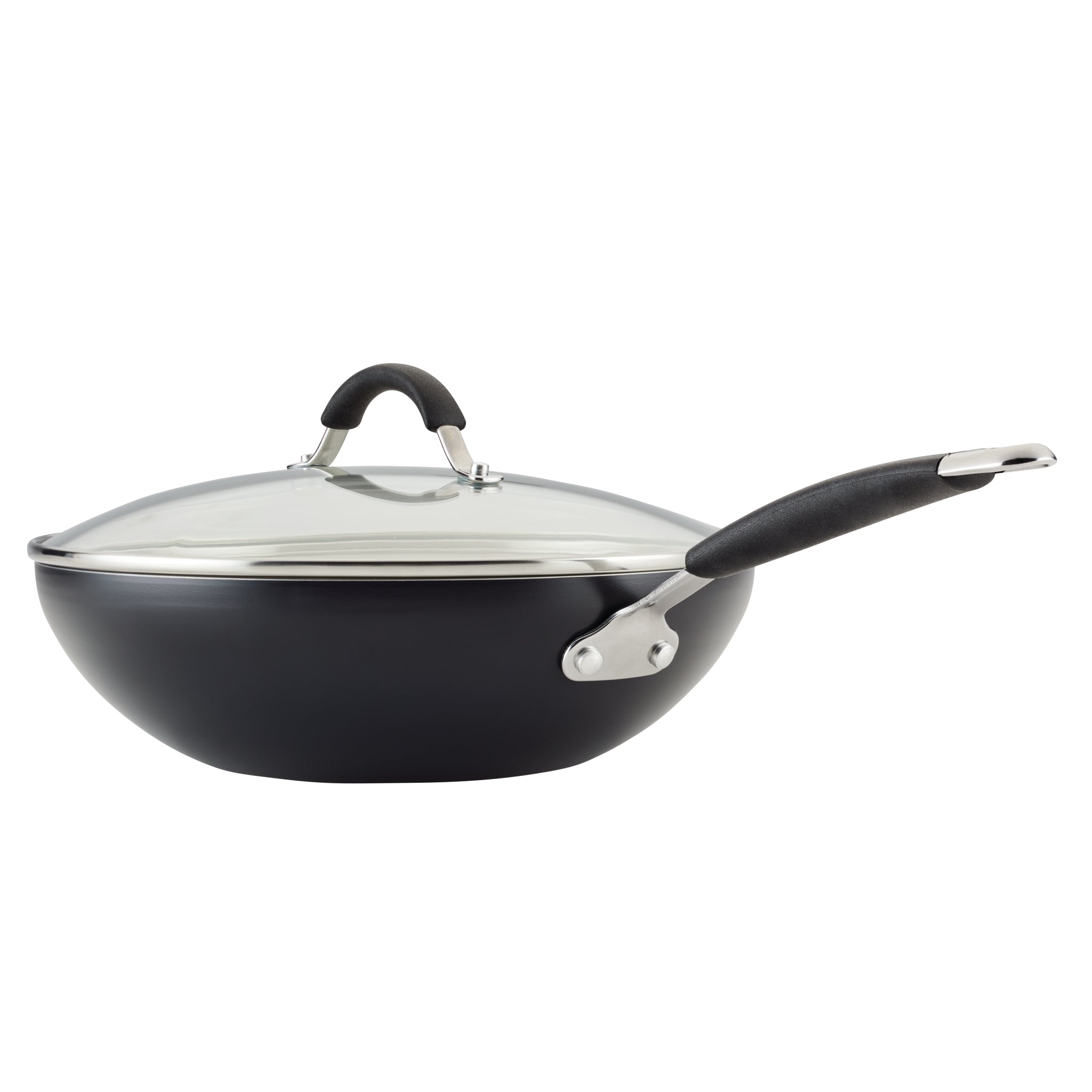 Ceramic Nonstick Stir Fry Pan with glass lid and long handle on white background.