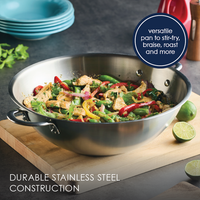 14-Inch Stainless Steel Induction Wok with colorful stir-fry vegetables, chicken.