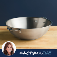 14-Inch Induction Wok, stainless steel with Rachael Ray logo on wood surface.
