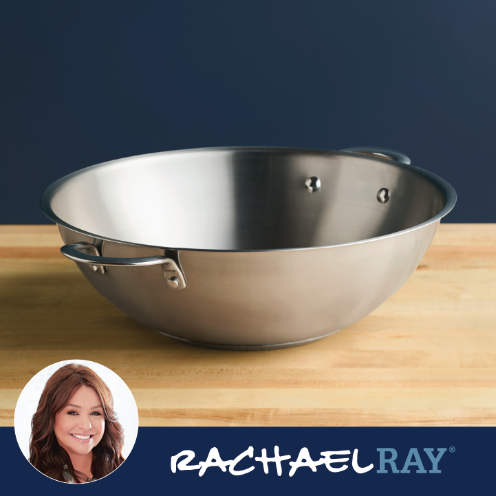 14-Inch Induction Wok, stainless steel with Rachael Ray logo on wood surface.