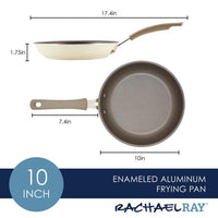 10-inch Cook + Create Nonstick Frying Pan made from thicker gauge enameled aluminum, featuring a sturdy handle, shown from side and top.