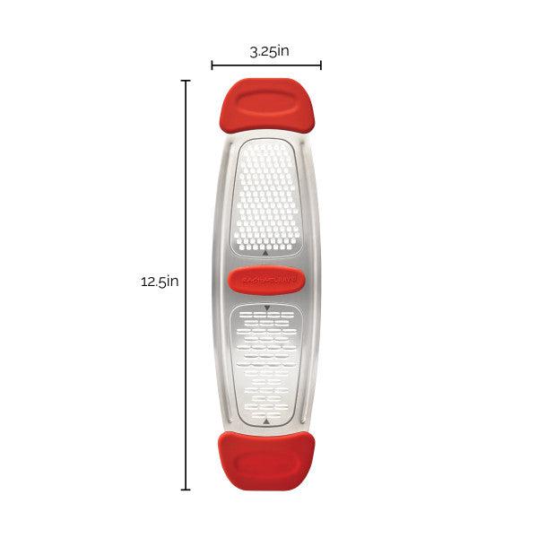 The Stainless Steel Multi-Grater features vibrant red silicone handles and is perfectly sized at 12.5 inches by 3.25 inches, making it ideal for effortless citrus zesting.