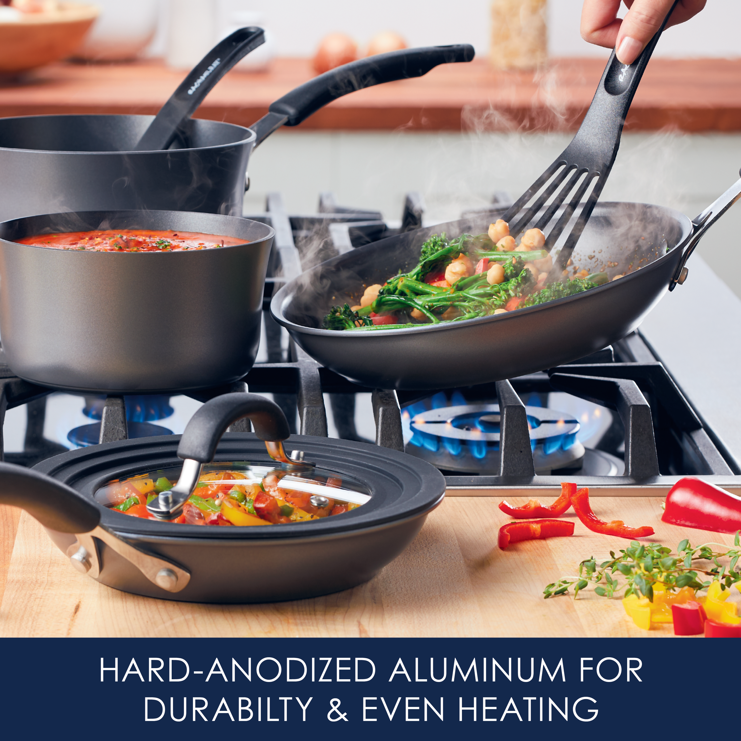 Cookware on stove with food; text reads durability and even heating.