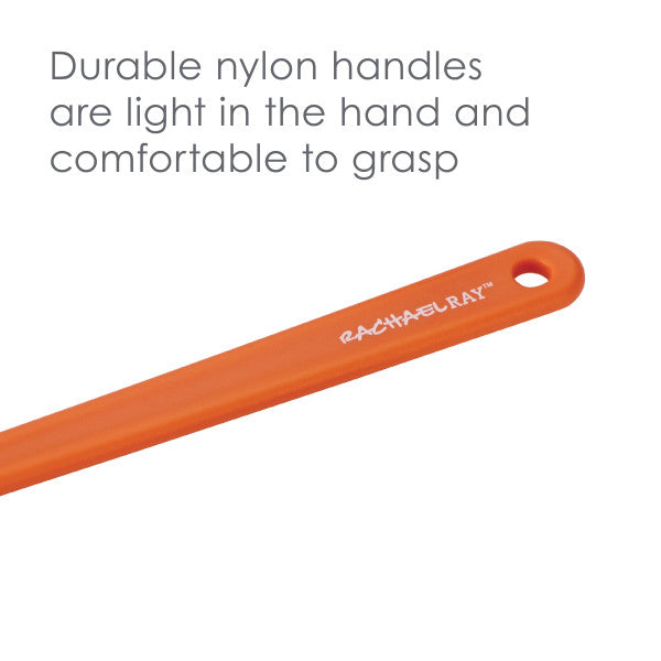 The 3-Piece Spoonula Set includes orange nylon handles with a hole at the end, designed for compatibility with nonstick cookware, featuring a concise text description above.