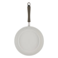 A 10-piece ceramic nonstick cookware set with a black-handled pan, top view.