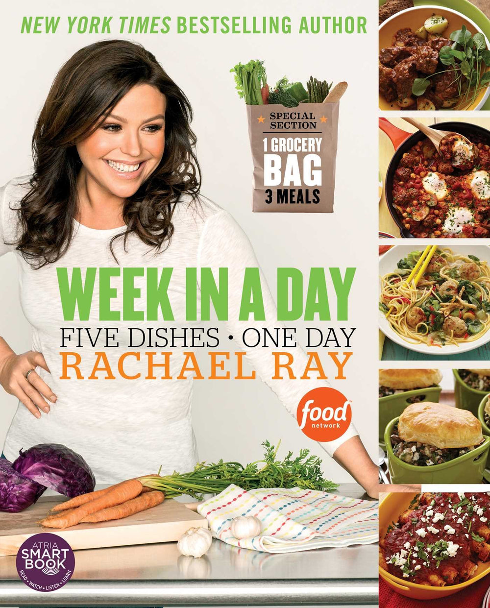 Cover of "Week in a Day" cookbook by Rachael Ray featuring various dishes.
