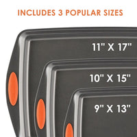 Three baking sheets in sizes 11"x17", 10"x15", 9"x13" with orange handles.