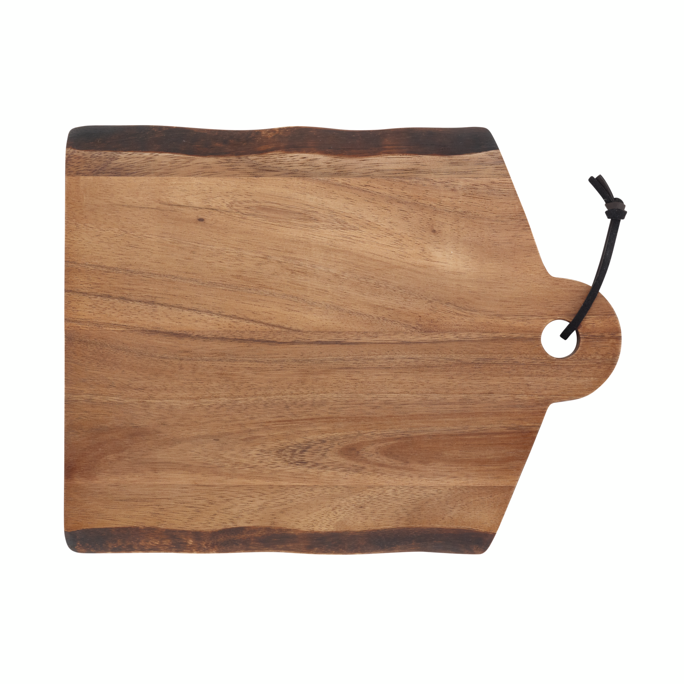 Wooden cutting board with a handle and black cord loop.