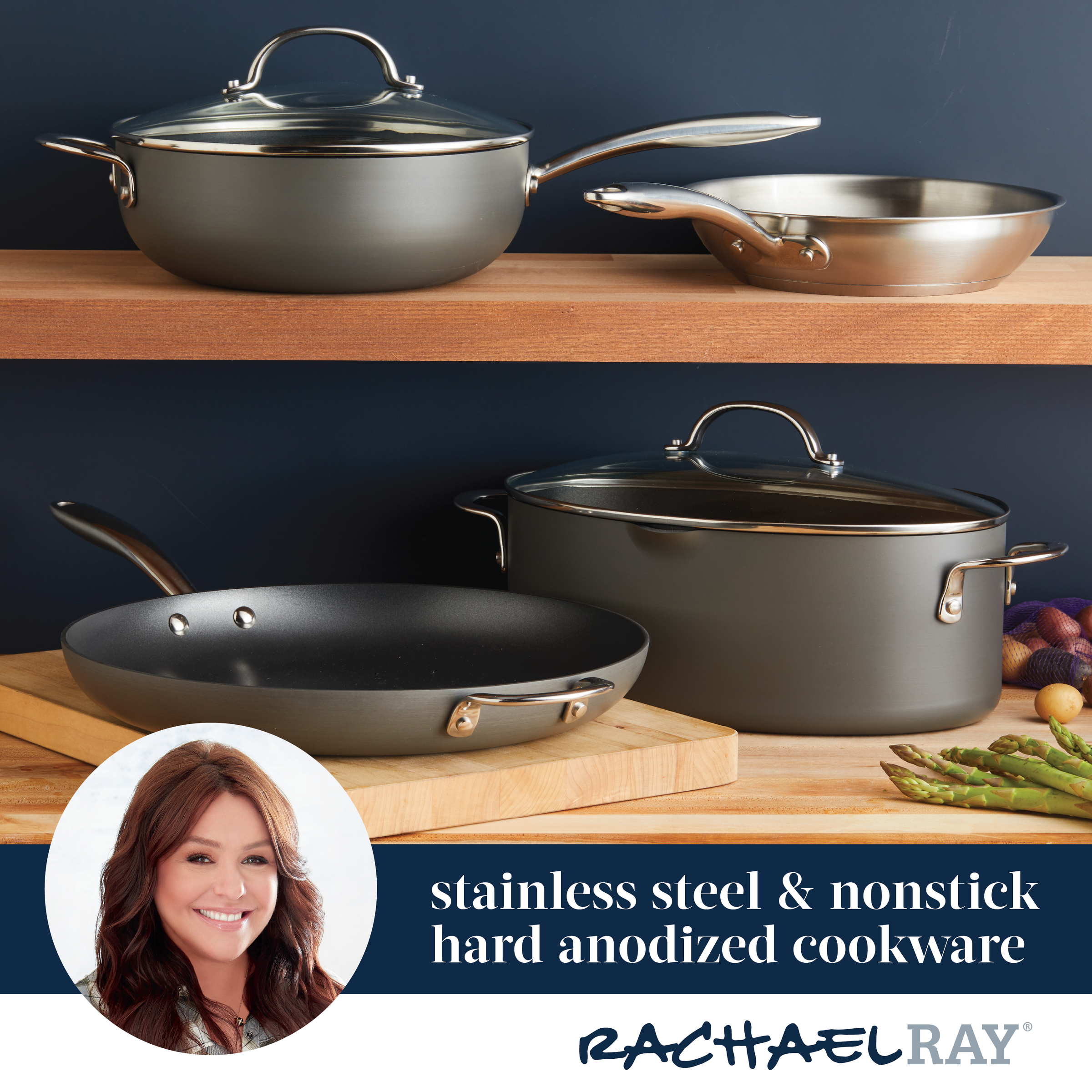 Nonstick frying pan with cast stainless steel handles and pots included.