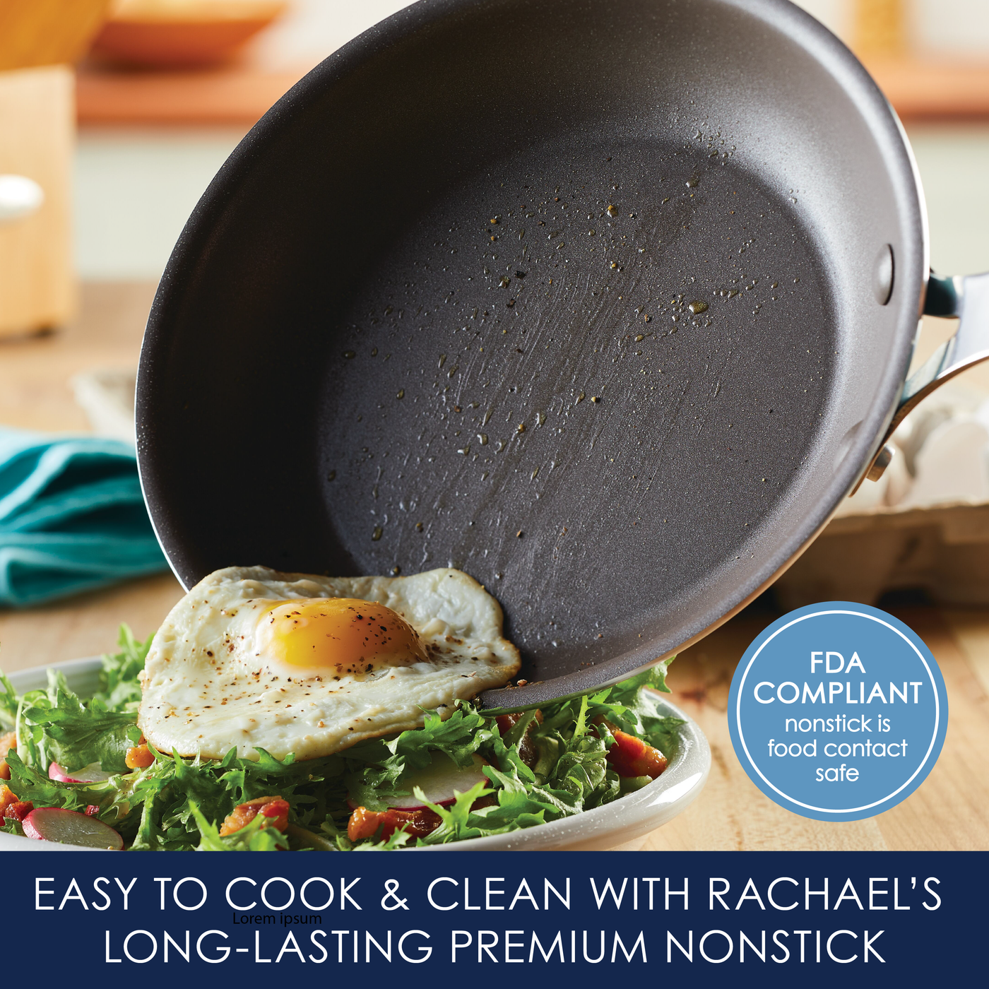 Fried egg sliding off nonstick pan onto a salad.