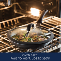 Pan with lid in oven; oven-safe temperatures displayed below.