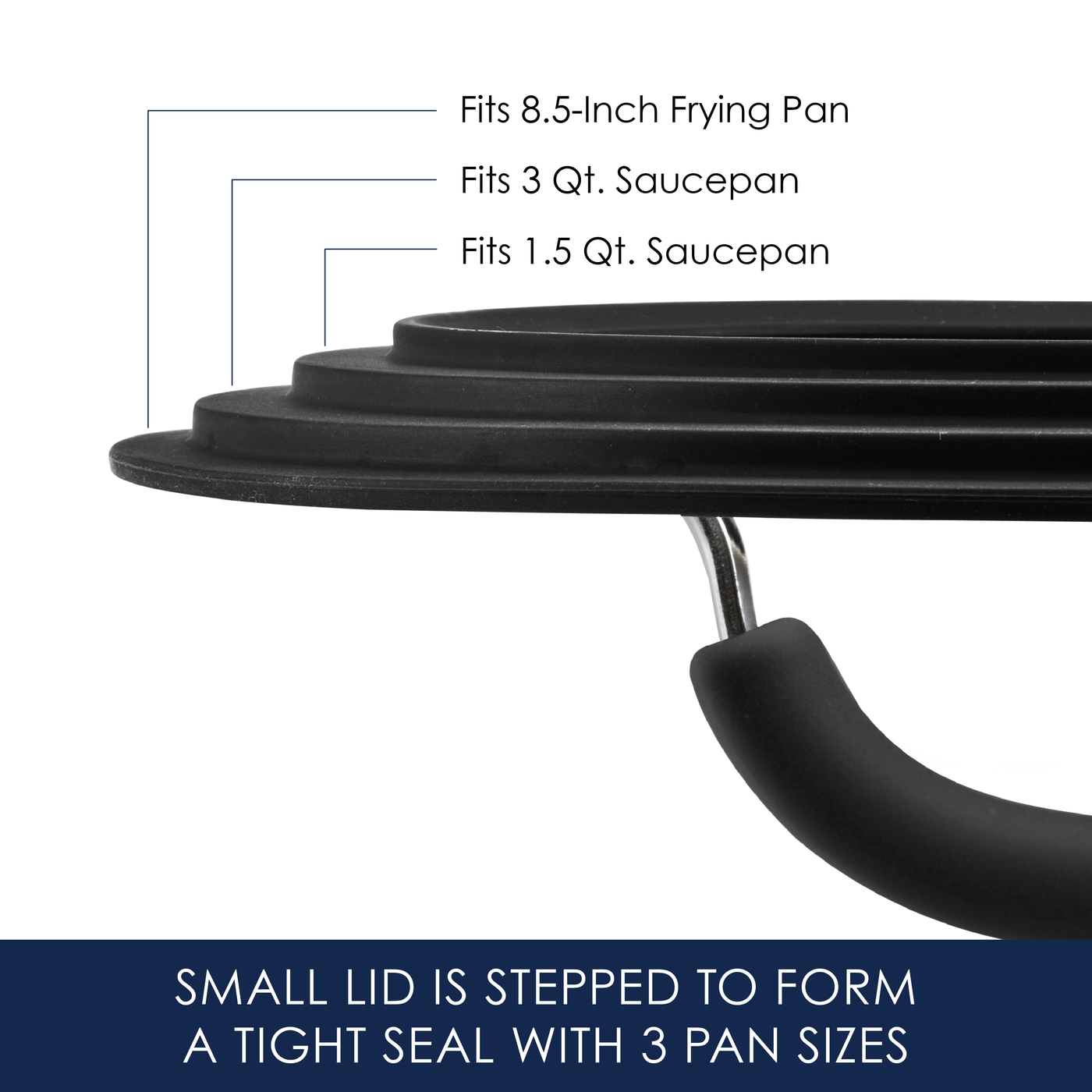 Stepped lid fits three pan sizes: 8.5-inch, 3 qt, 1.5 qt.