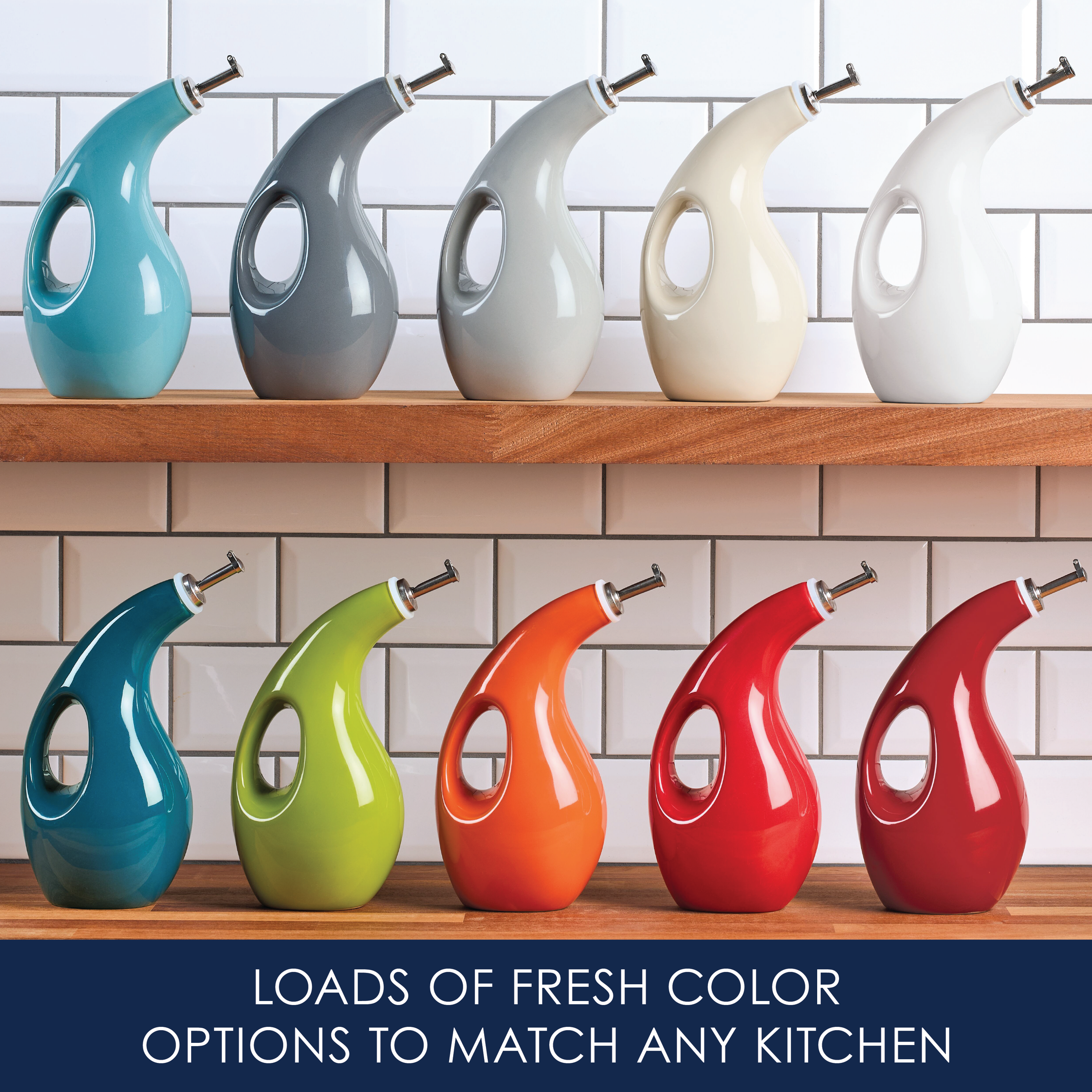 Colorful oil dispensers on wooden shelves against a white tiled wall.