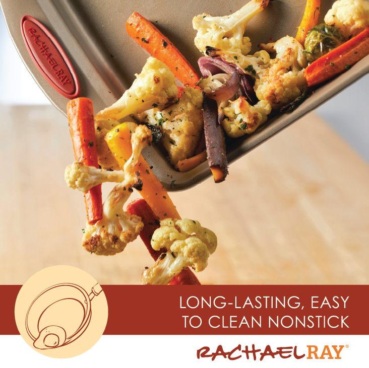 Serving roasted vegetables on a baking tray from the Rachael Ray 10-Piece Nonstick Bakeware Set, crafted from durable heavy gauge steel to ensure even cooking and long-lasting oven-safe performance.