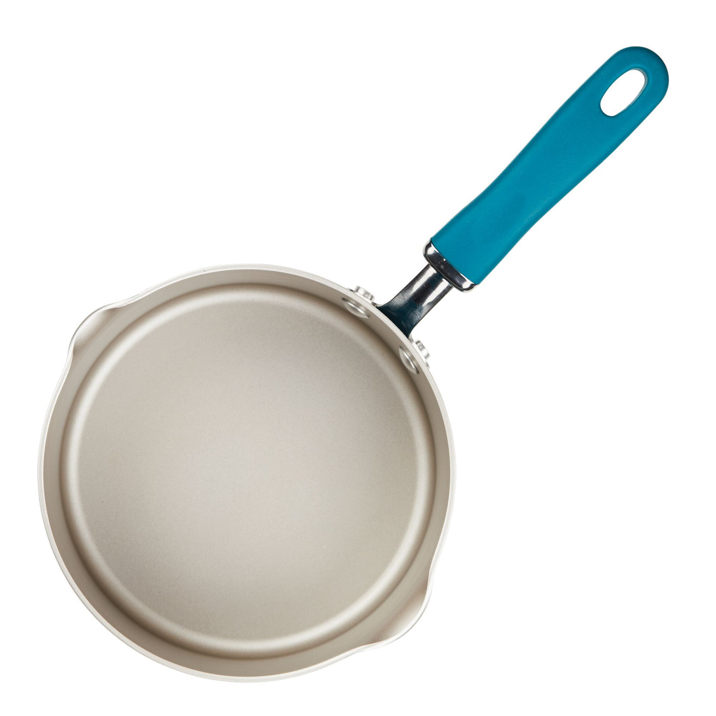 Frying pan with a blue handle on a white background.