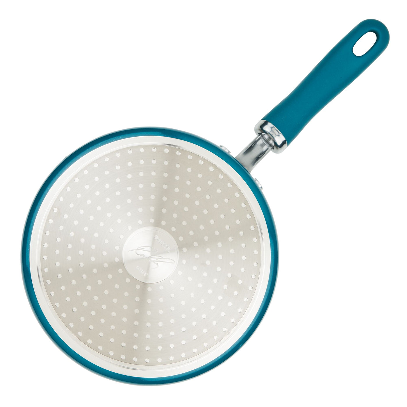 Top view of a blue nonstick frying pan with a dotted pattern inside.