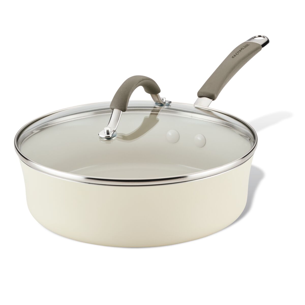 Cream-colored saucepan with lid and gray handle on a white background.